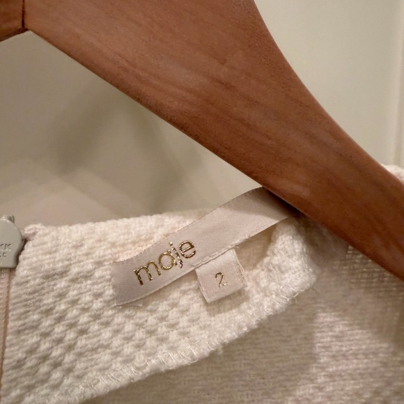 Maje Drop Waist Cotton Pleated Mini Dress Embellished Neck Cream Size 2 US M - Picture 2 of 5